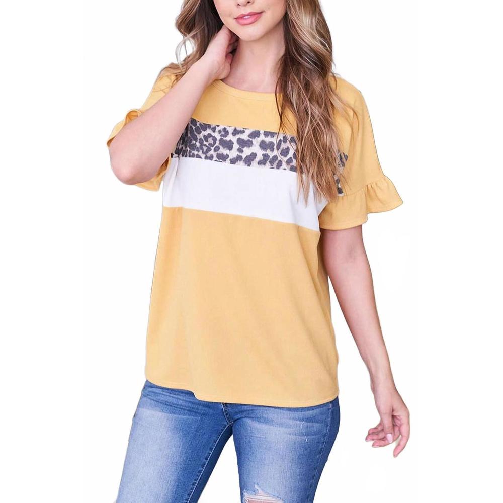 NEW PERFECT PEACH leopard contrast short sleeve color block top in yellow